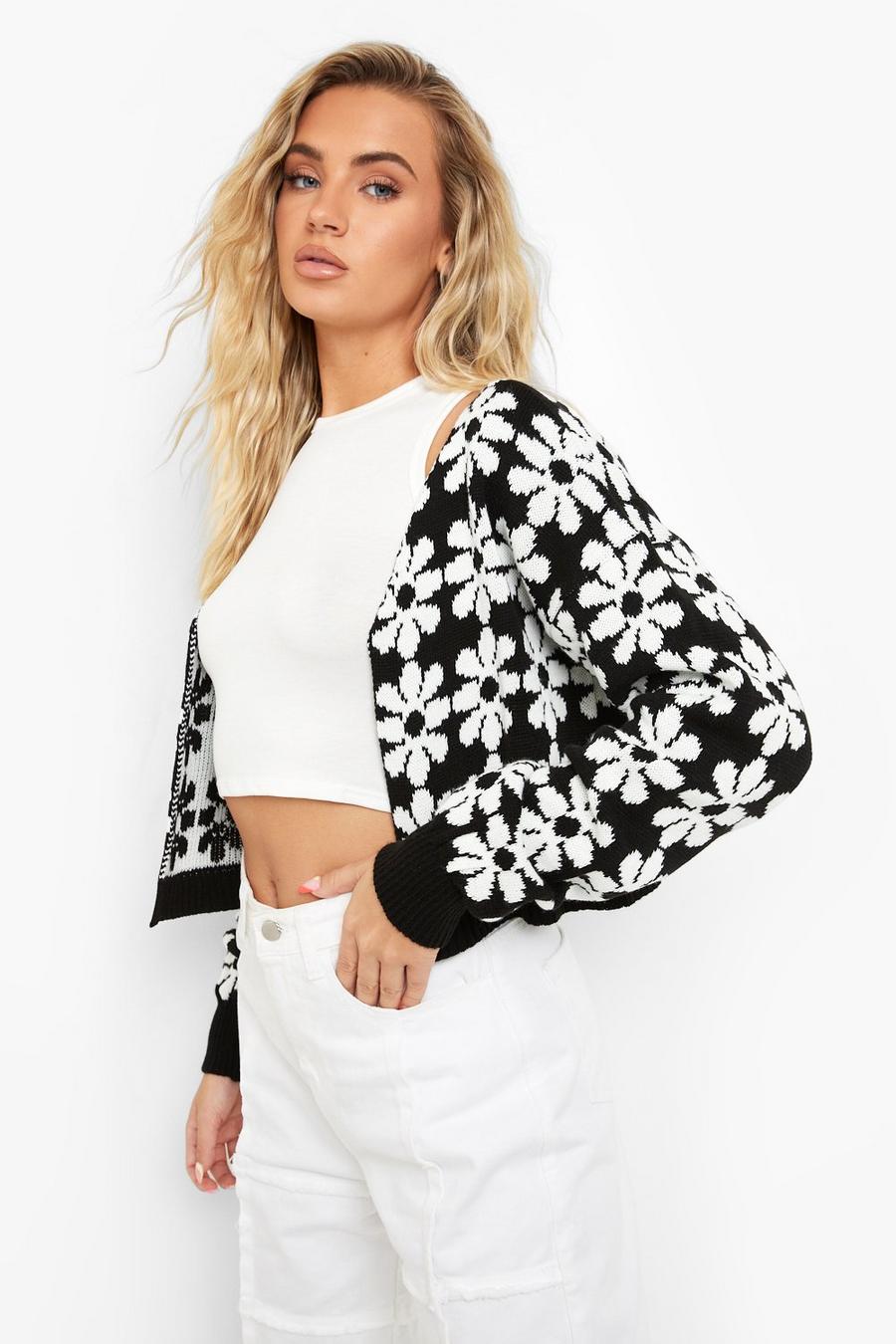 Black Floral Balloon Sleeve Knitted Cardigan image number 1