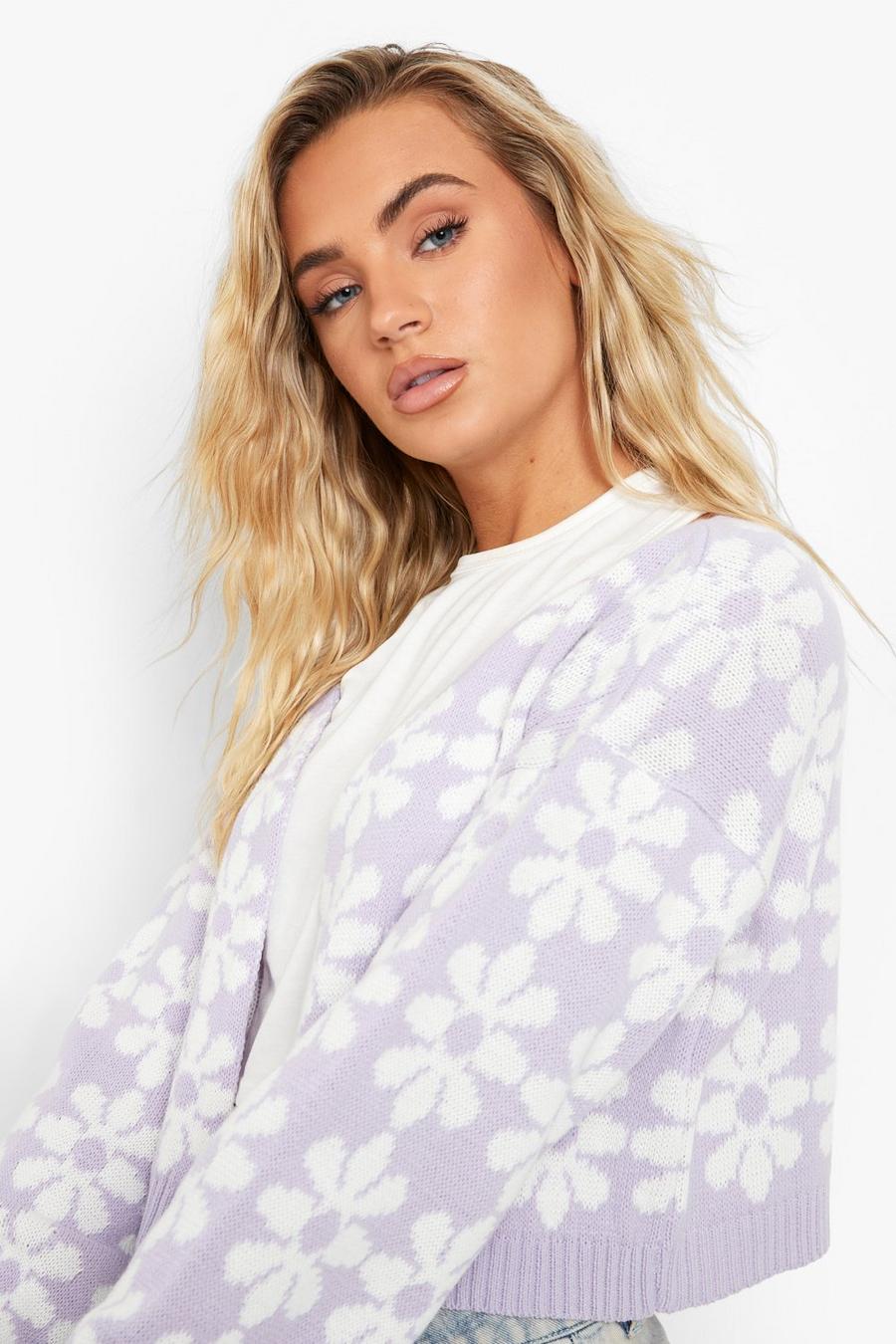 Lilac Floral Balloon Sleeve Knitted Cardigan image number 1