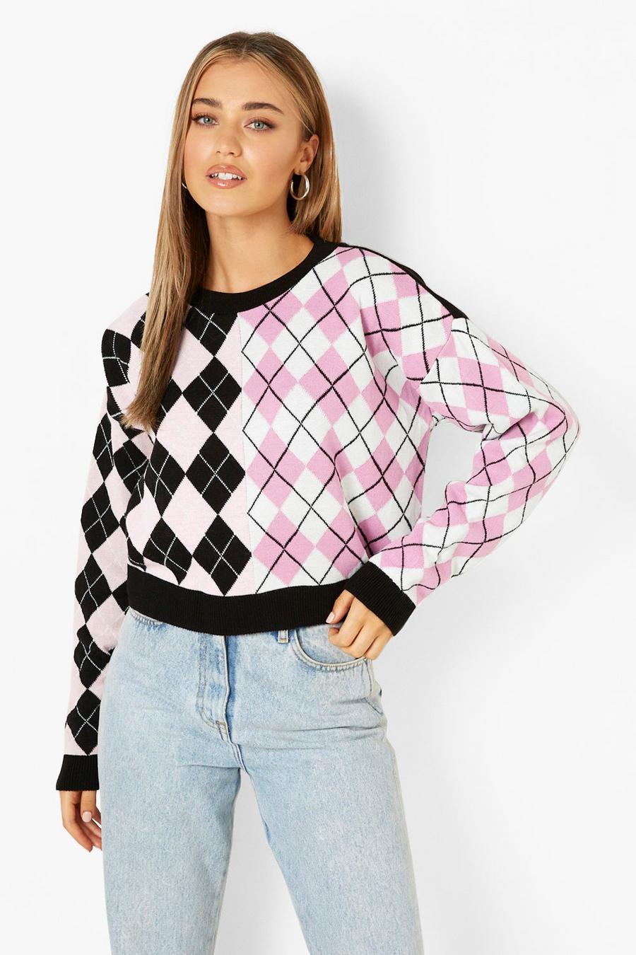 Black Color Block Argyle Flannel Sweater image number 1