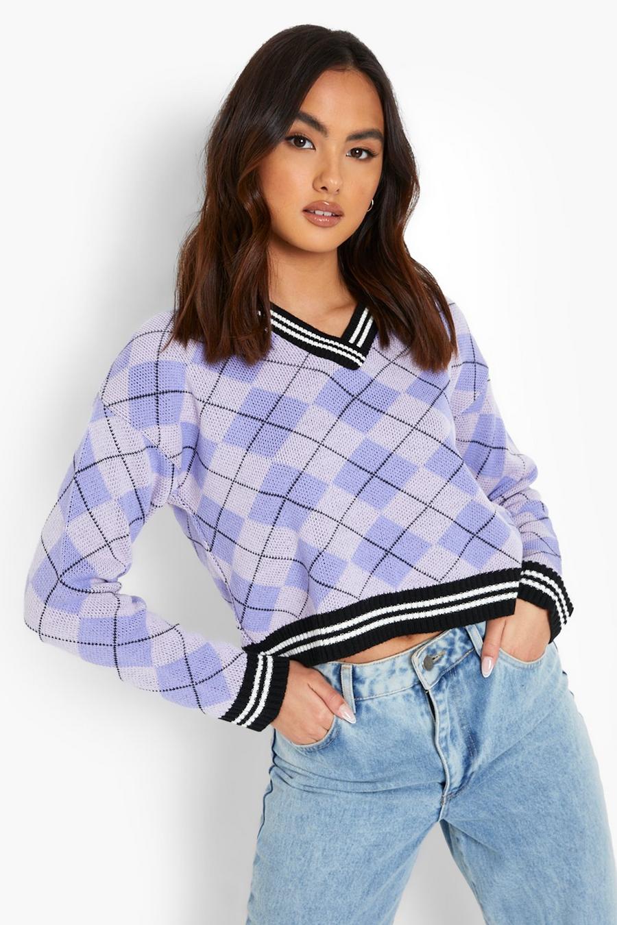 Lilac Cropped Argyle Check Sweater image number 1