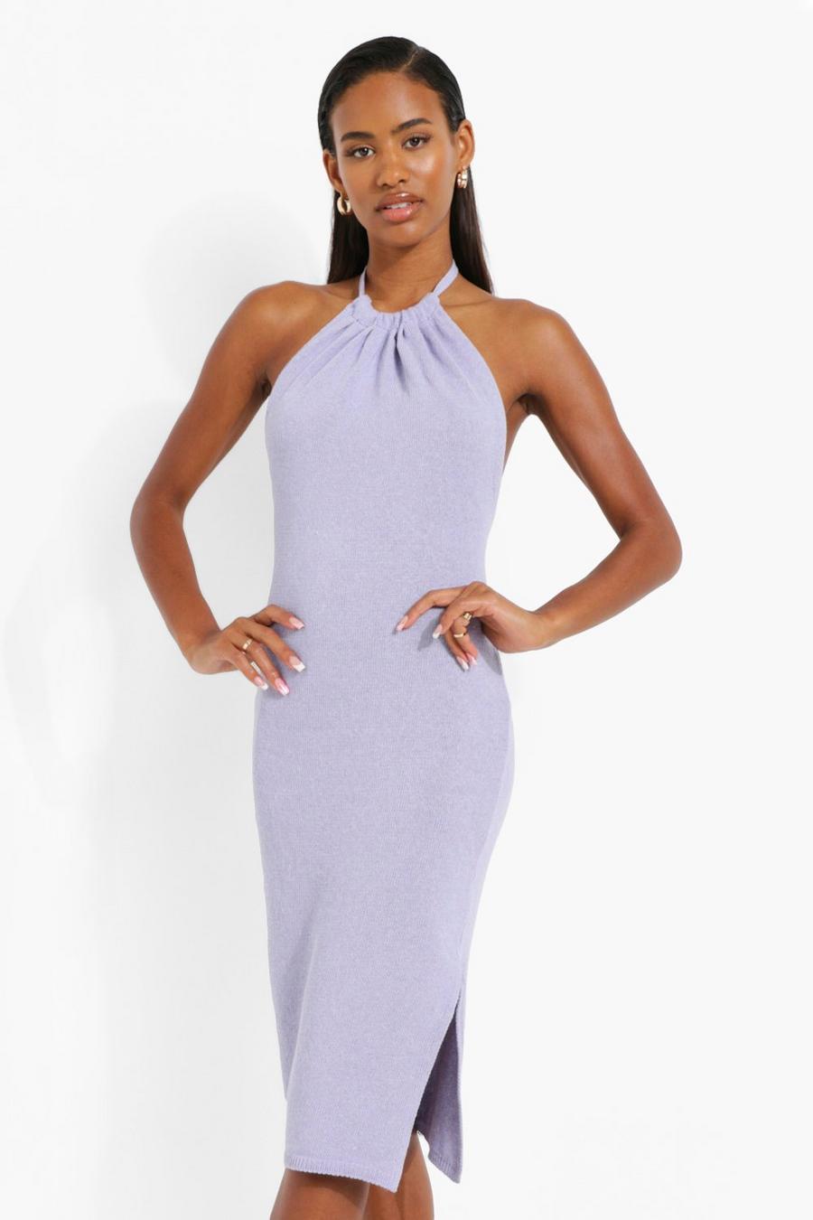 Blue Halterneck Knitted Midi Dress image number 1