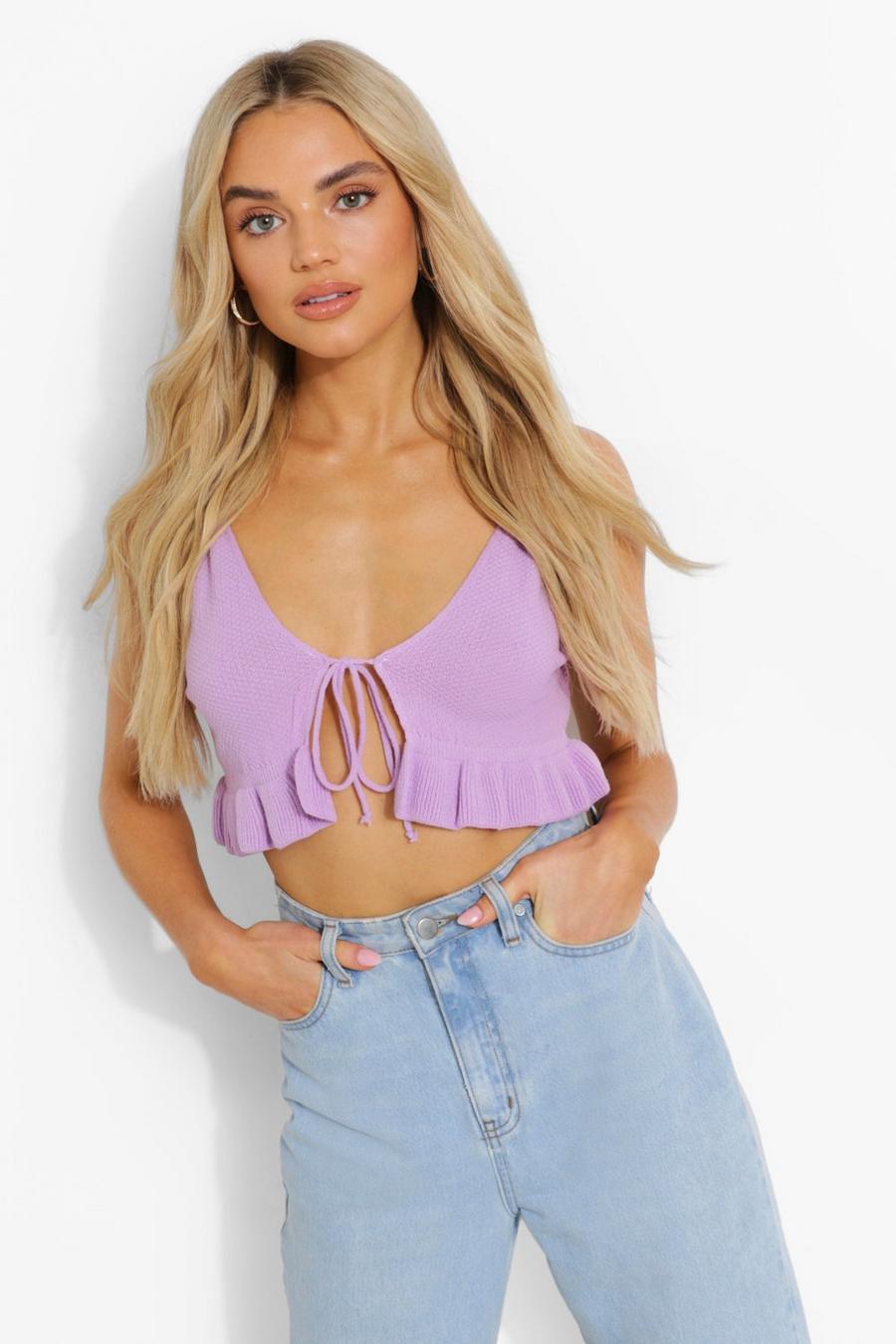 Lilac Ruffle Hem Lace Up Knitted Bralet image number 1