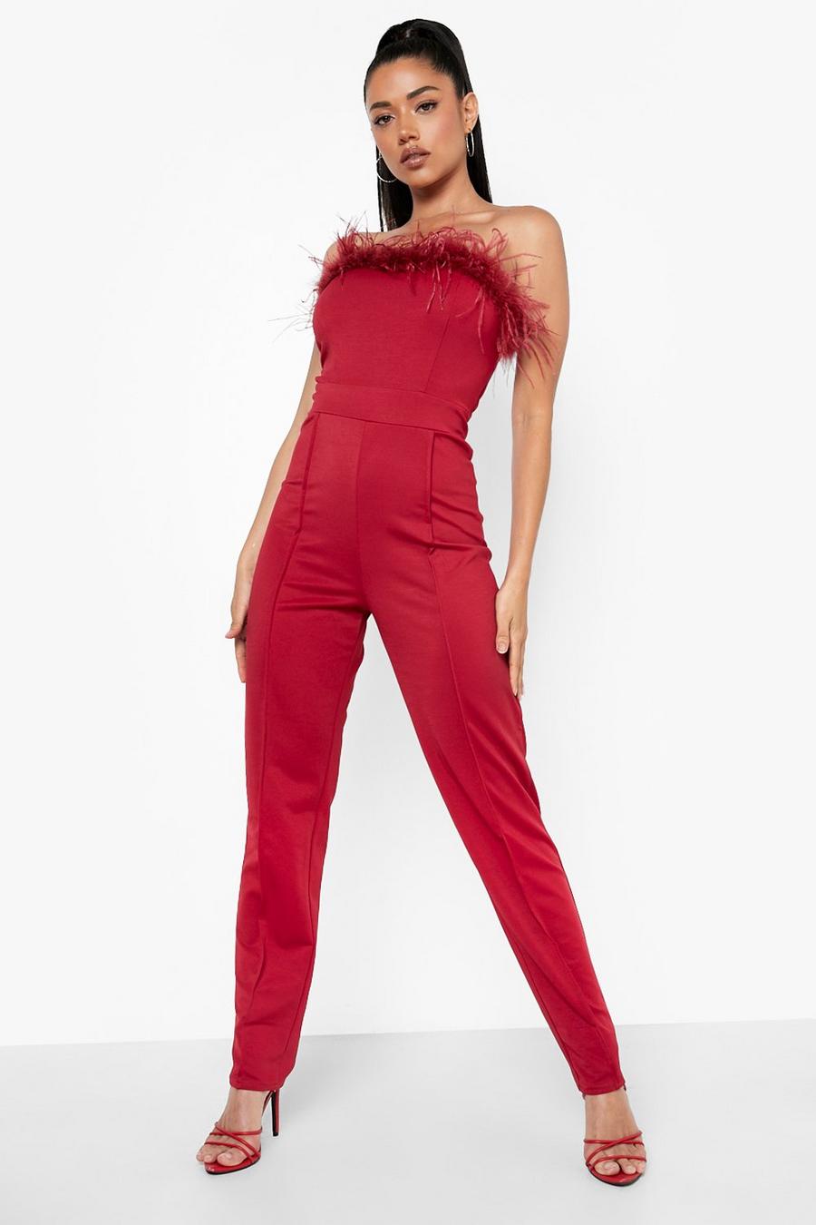 Berry rojo Feather Bandeau Tailored Jumpsuit
