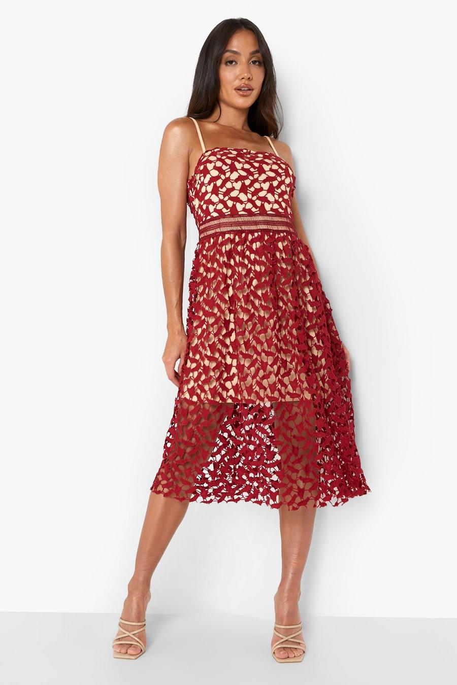 Berry red Lace Detail Midi Skater Dress image number 1