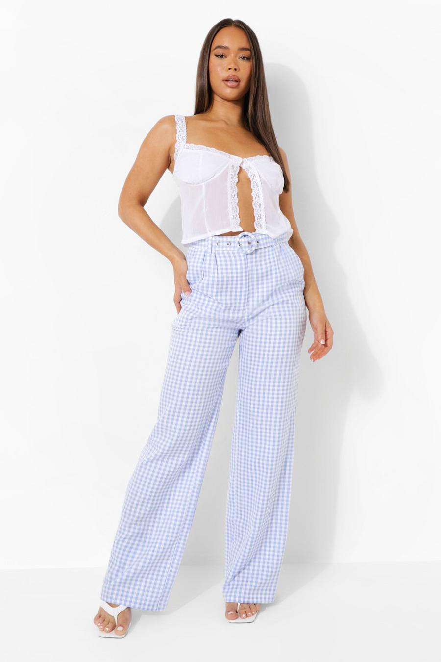 Blue Gingham Woven Belted Wide Leg Pants image number 1