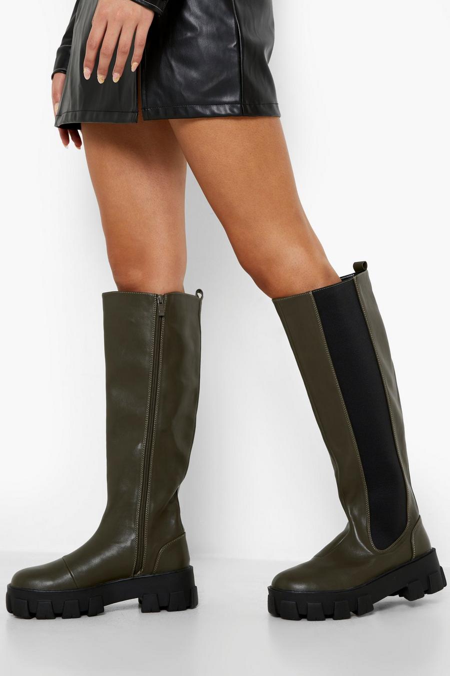 Khaki Cleated Chunky Sole Knee High Chelsea Boots