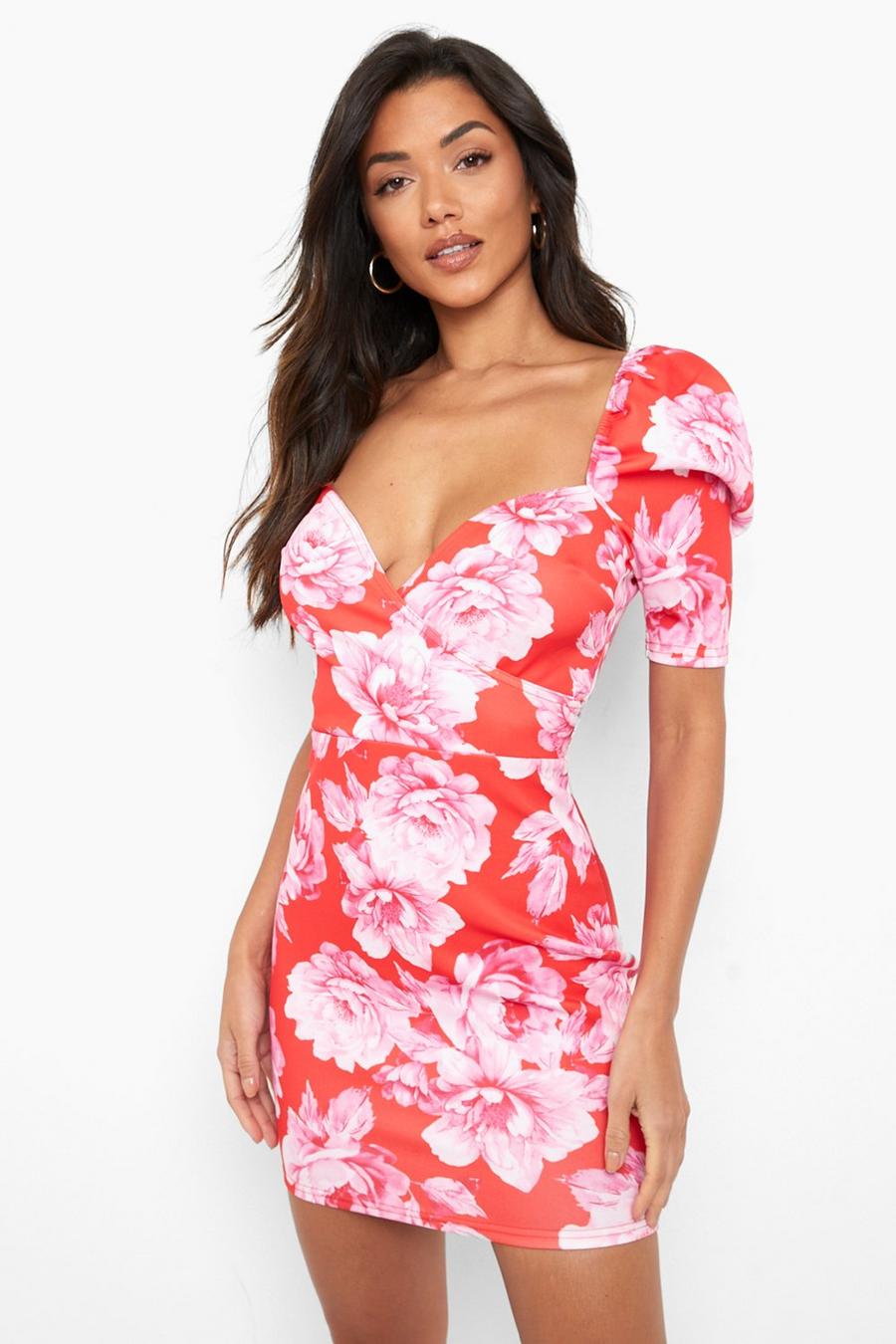 Red Floral Print Puff Sleeve Mini Dress image number 1