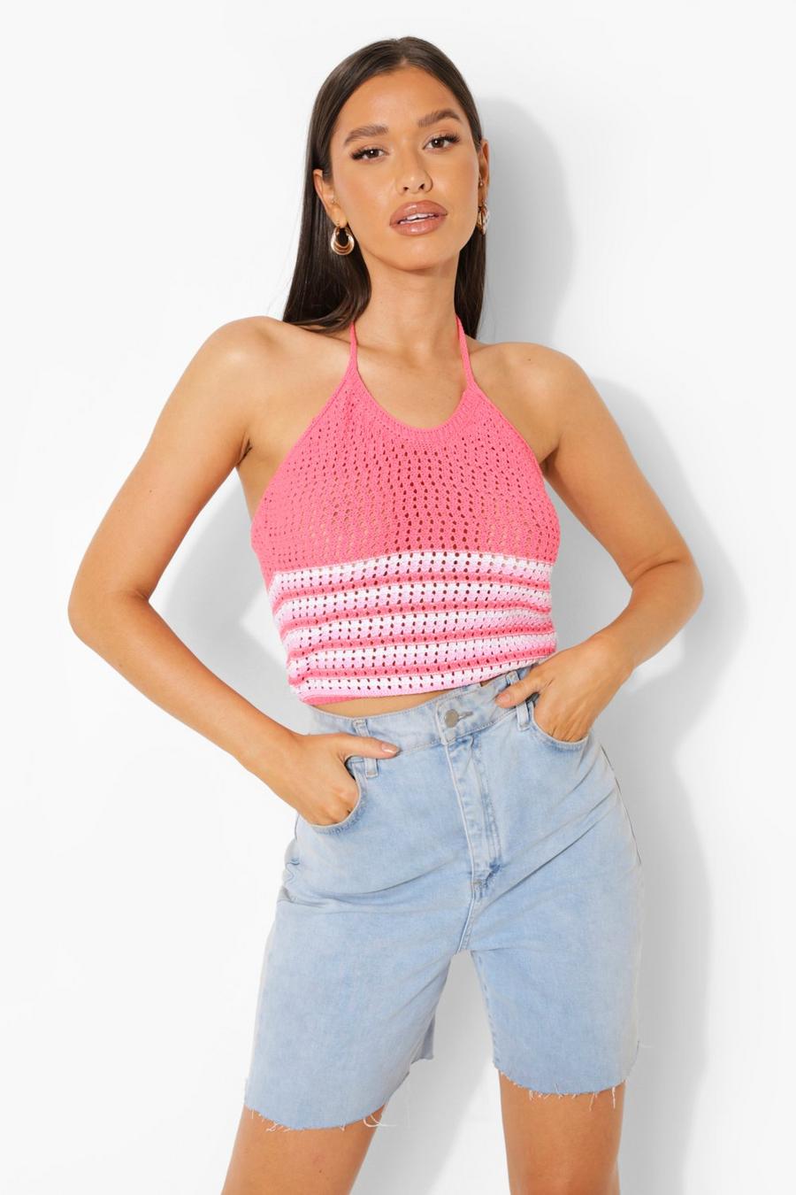 Pink Stripe Crochet Knitted Halterneck image number 1