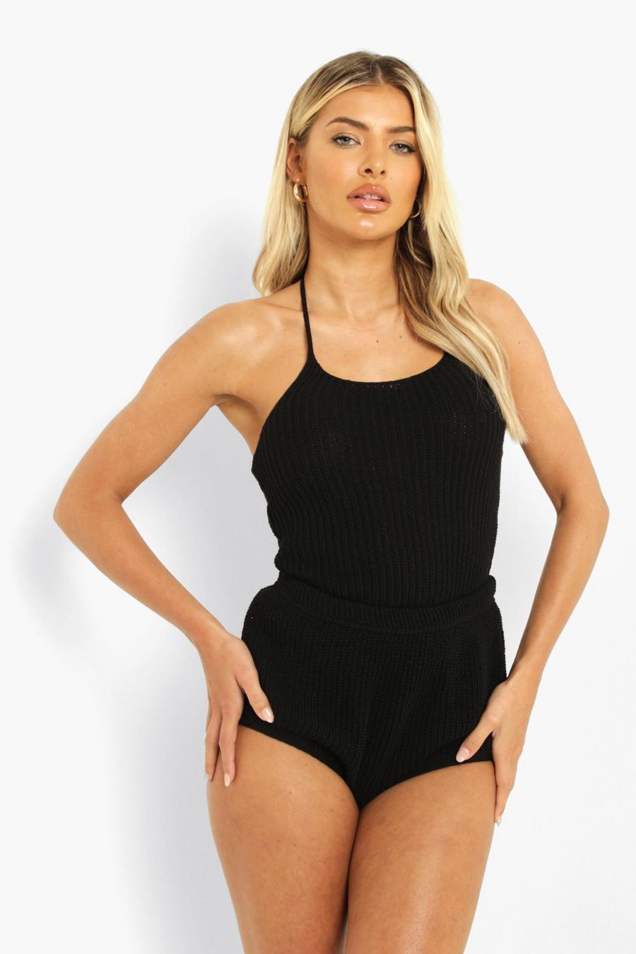 Black Knitted Halter And Shorts Co-ord image number 1