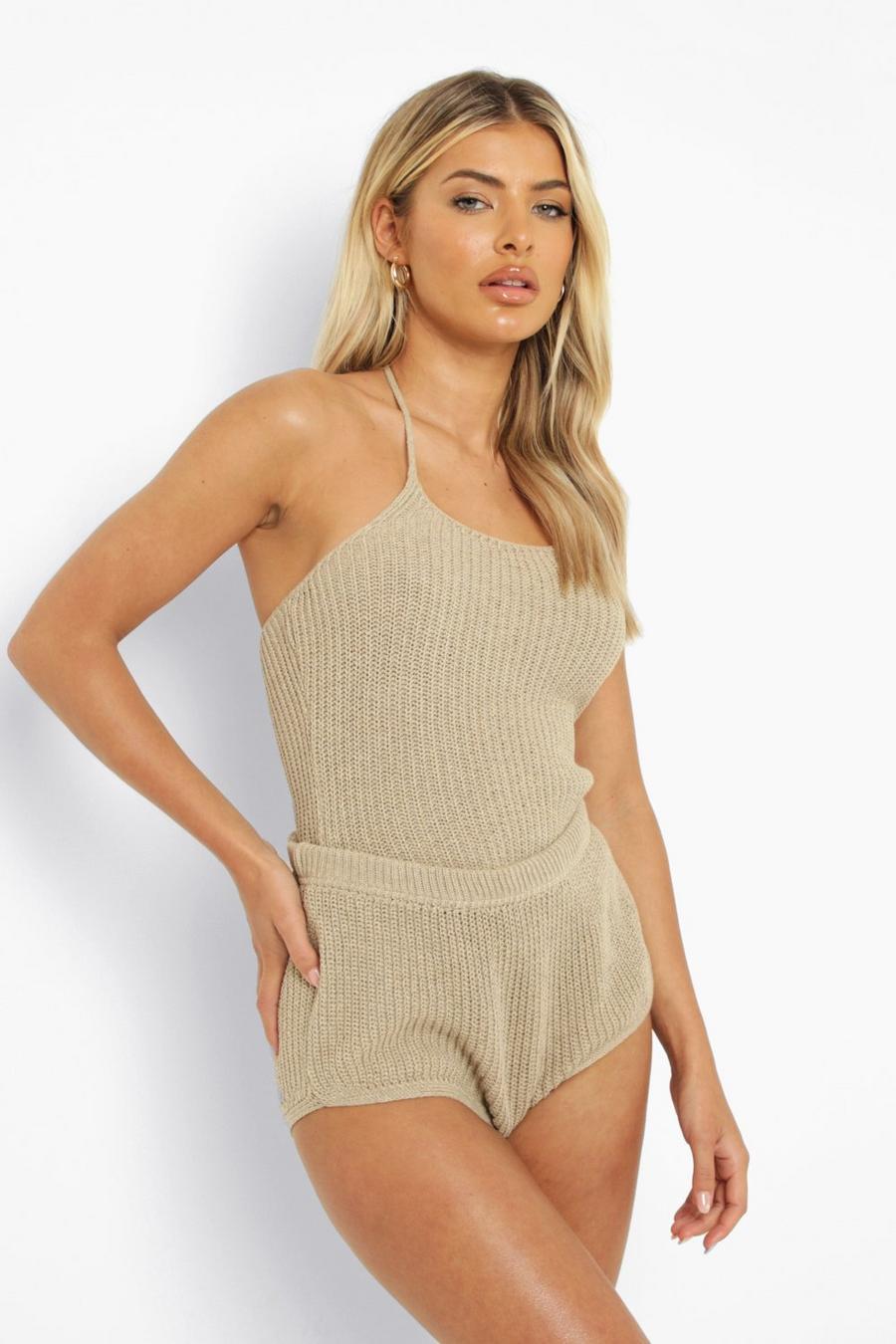 Stone Knitted Halter And Shorts Co-ord image number 1