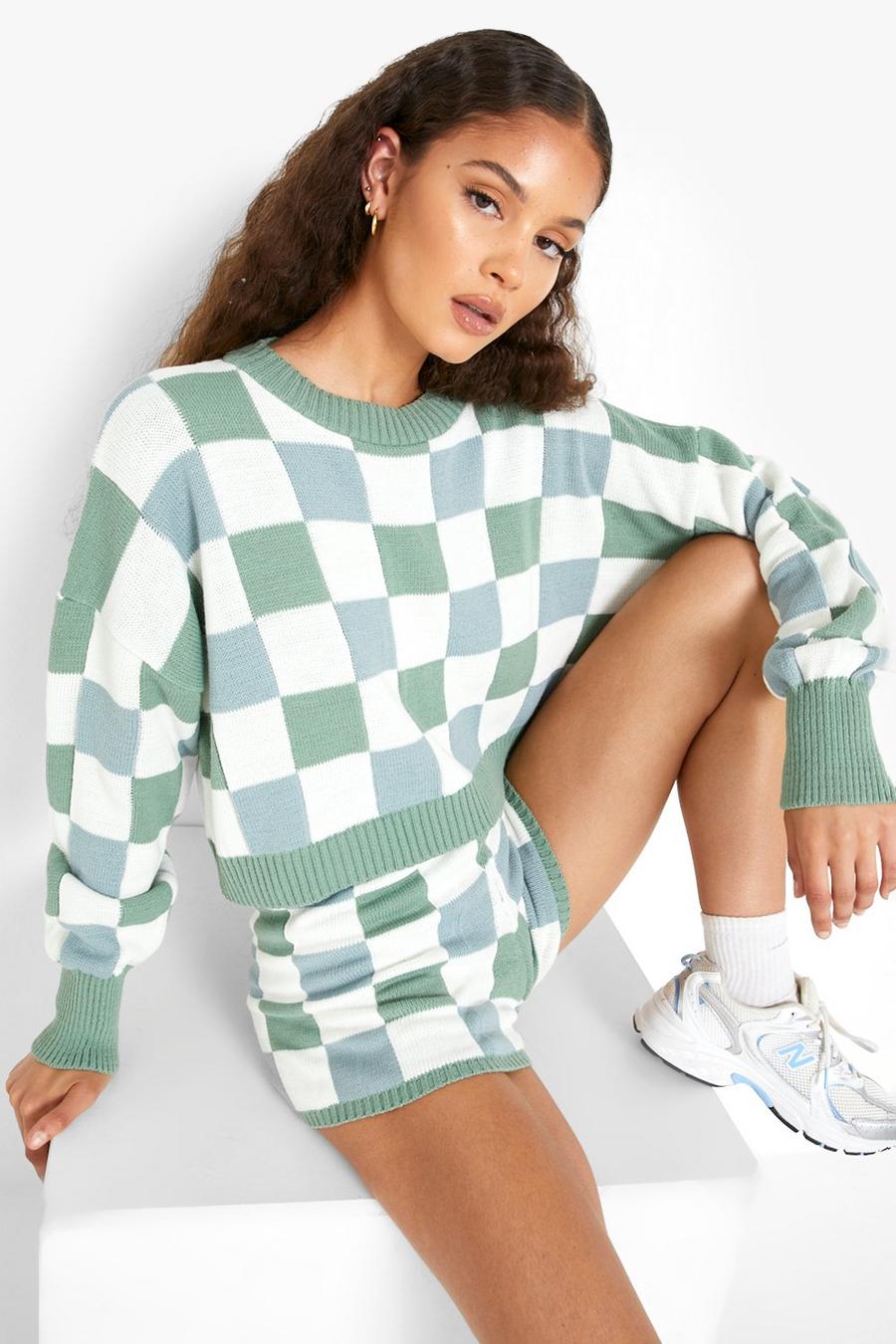 Sage Gingham Knitted Jumper And Short Co-ord image number 1