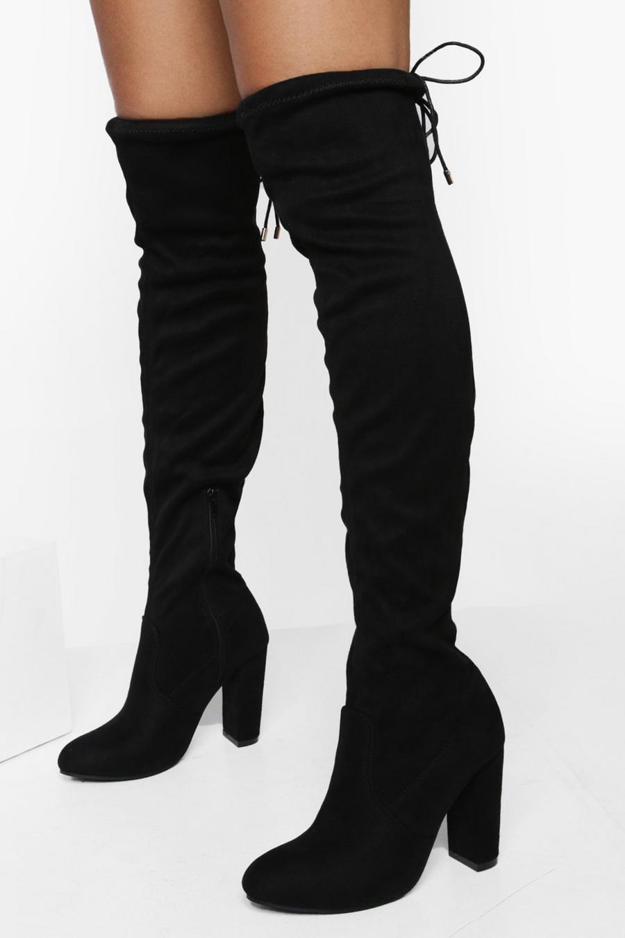 Black svart Block Heel Tie Thigh High Boots