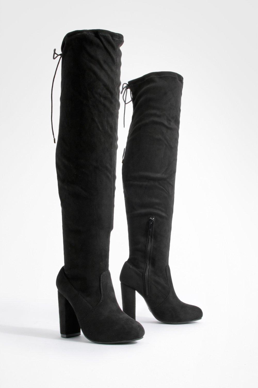 Block Heel Tie Faux Suede Thigh High Boots