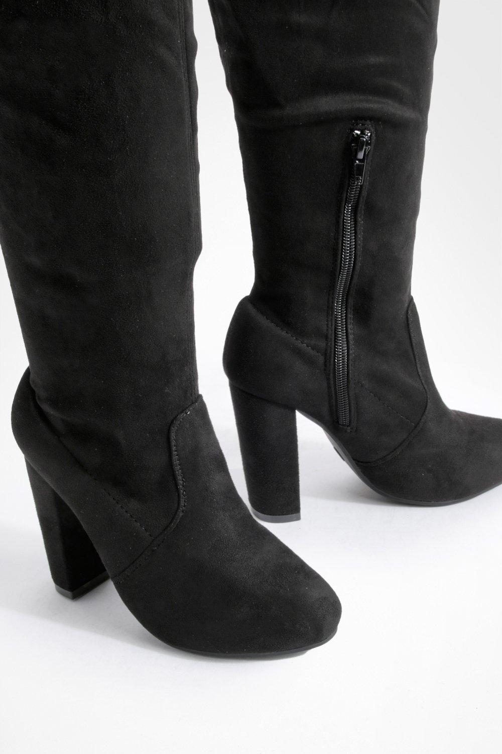 Lace up detail block thigh high heeled clearance boots