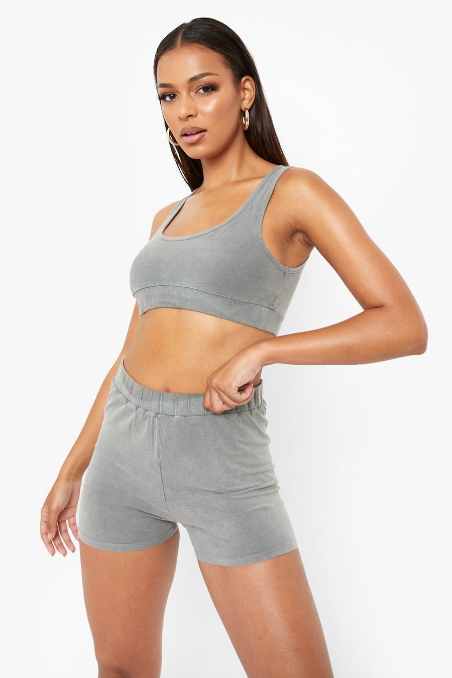 Charcoal Acid Wash Crop Top  And Cycling Short Set image number 1