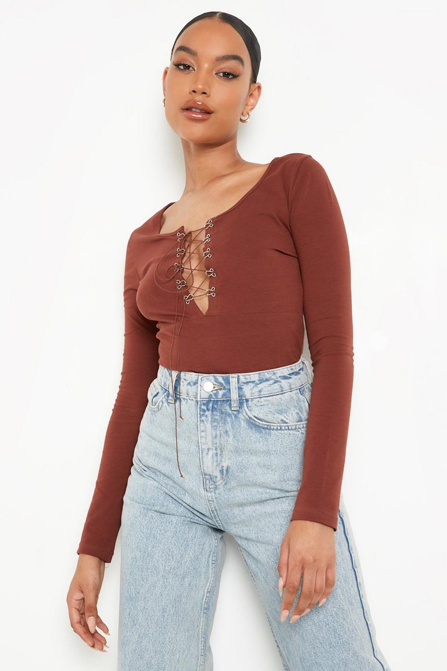 Chocolate Metal Detail Lace Up Bodysuit image number 1