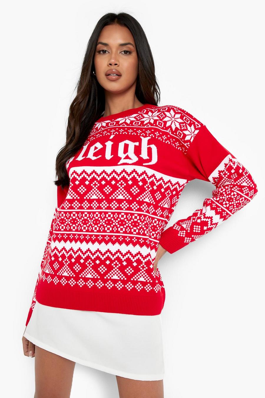 Red Sleigh Slogan Christmas Sweater image number 1