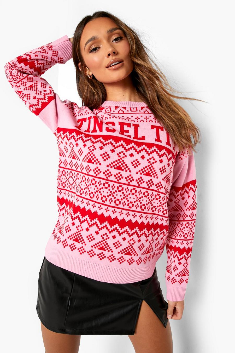 Pink Tinsel Slogan Christmas Sweater image number 1