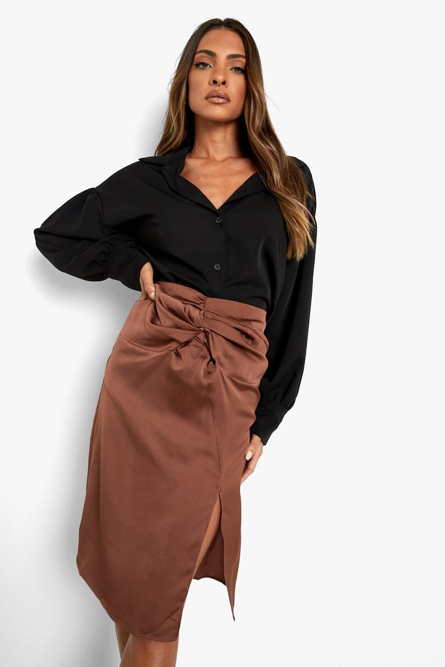 Chocolate Twist Knot Front Midi Skirt image number 1