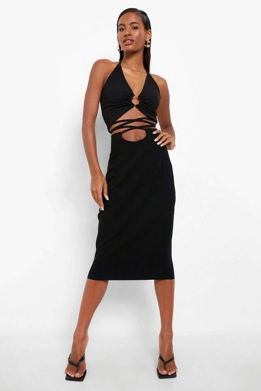 Black Linen Mix Tie Waist Woven Midi Skirt image number 1