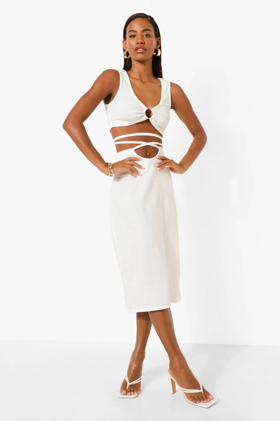 White Linen Mix Tie Waist Woven Midi Skirt image number 1