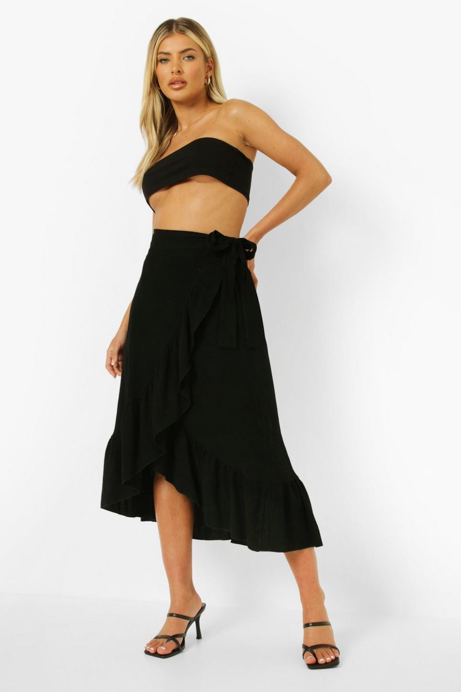Black Linen Mix Ruffle Wrap Tie Woven Midi Skirt image number 1