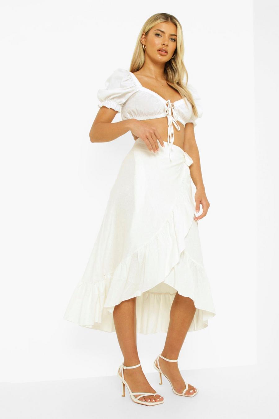 לבן חצאית מידי ארוגה מתערובת פשתן עם קשירת מעטפת ומלמלה image number 1