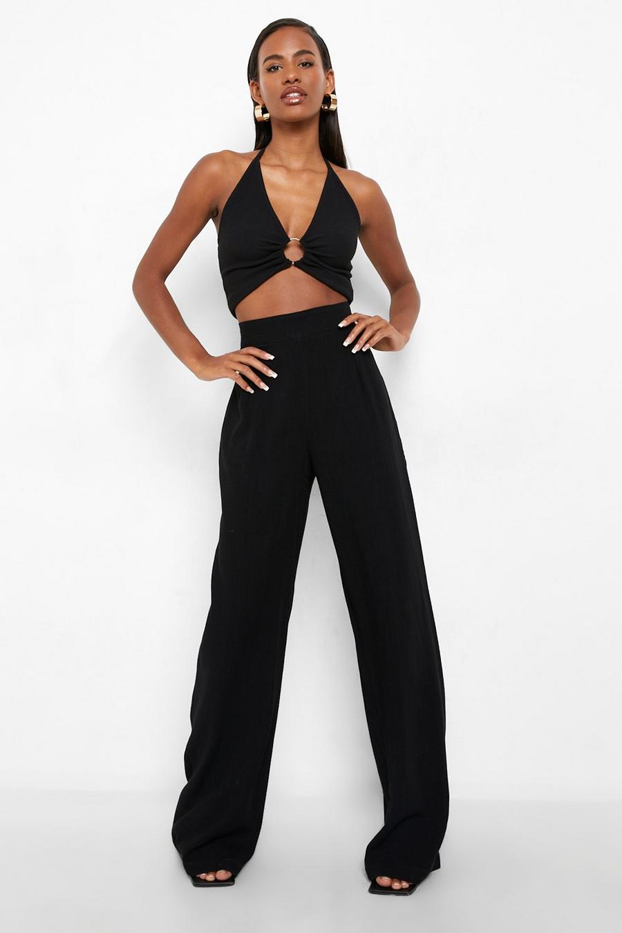 Black Linen Mix Woven Tailored Wide Leg Pants image number 1