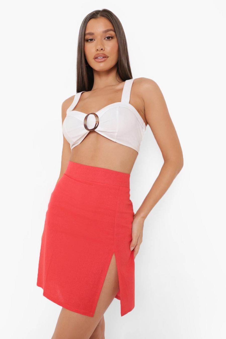Hot pink Linen Mix Split Woven Mini Skirt image number 1