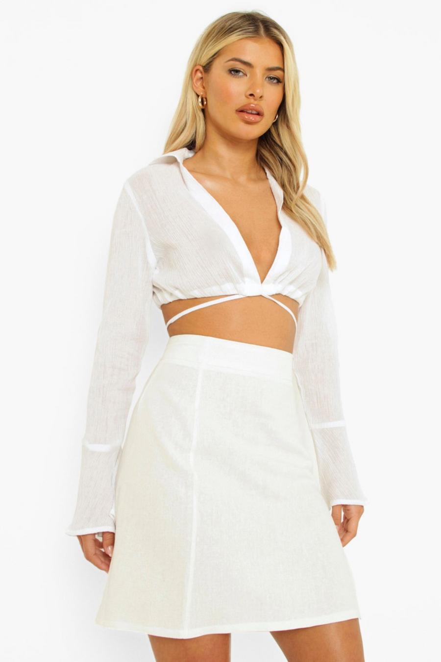 White Linen Mix Split Woven Mini Skirt