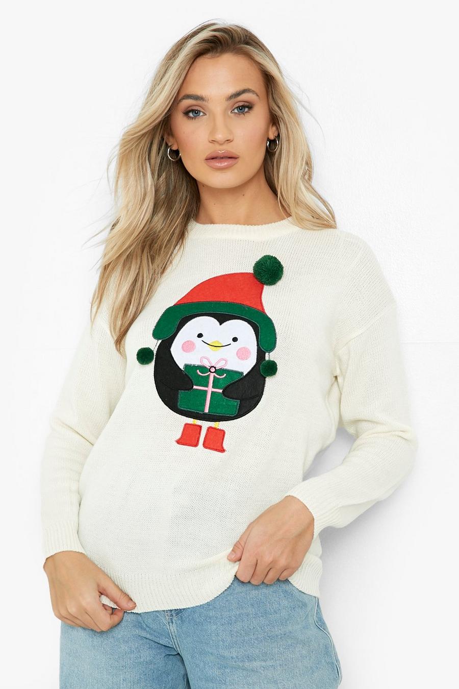 Pinguin Weihnachtspullover mit Pom-Poms, Cream image number 1