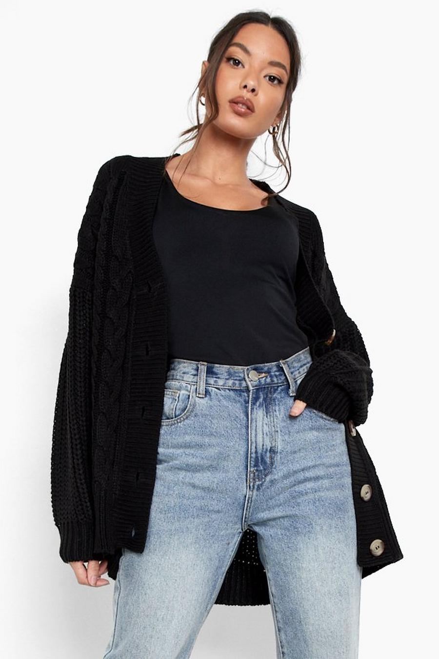 Black Cable Knit Contrast Sleeve Cardigan image number 1