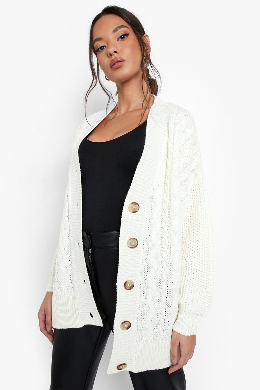 Cream Cable Knit Contrast Sleeve Cardigan image number 1