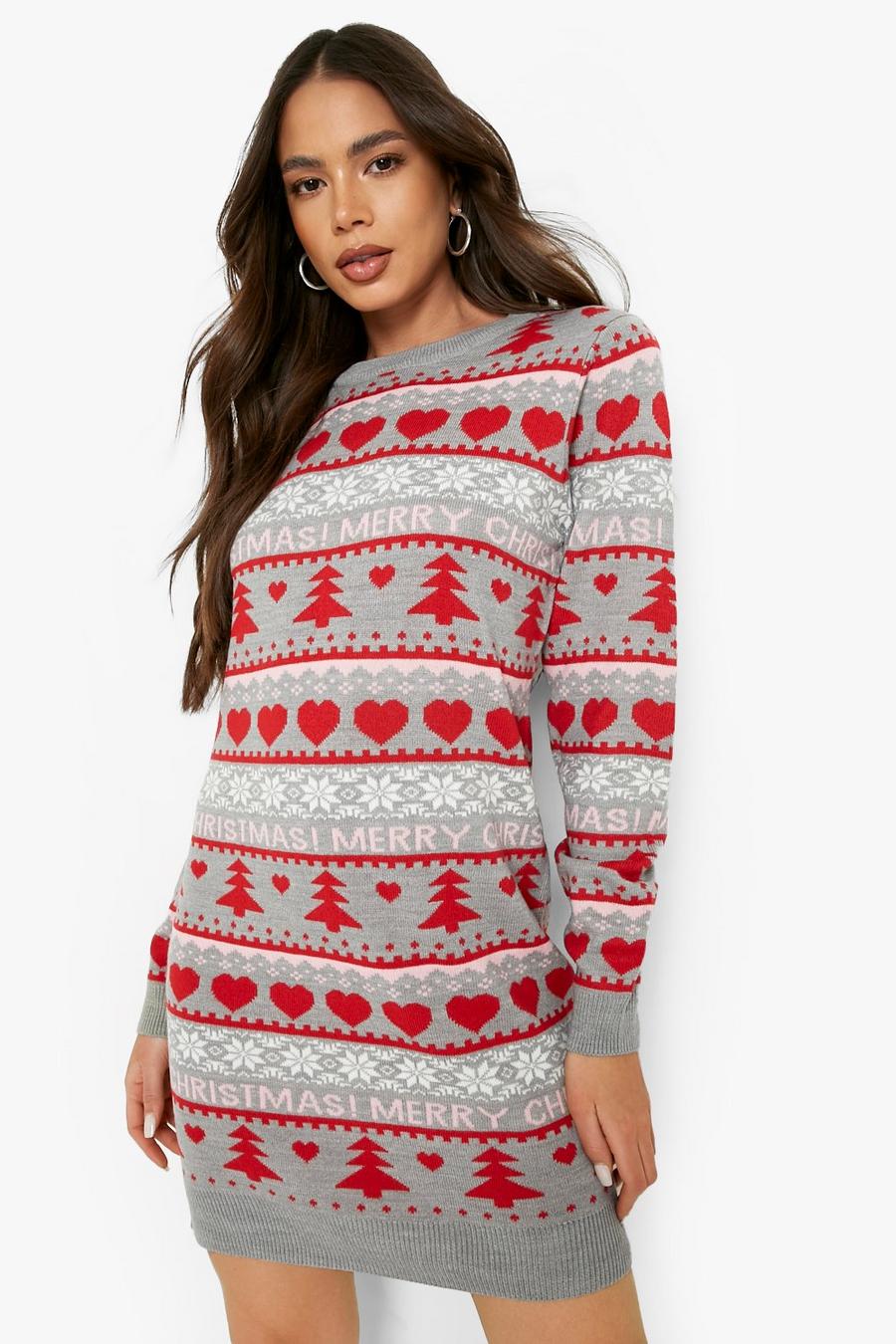 Grey Hearts Fairisle Christmas Sweater Dress image number 1