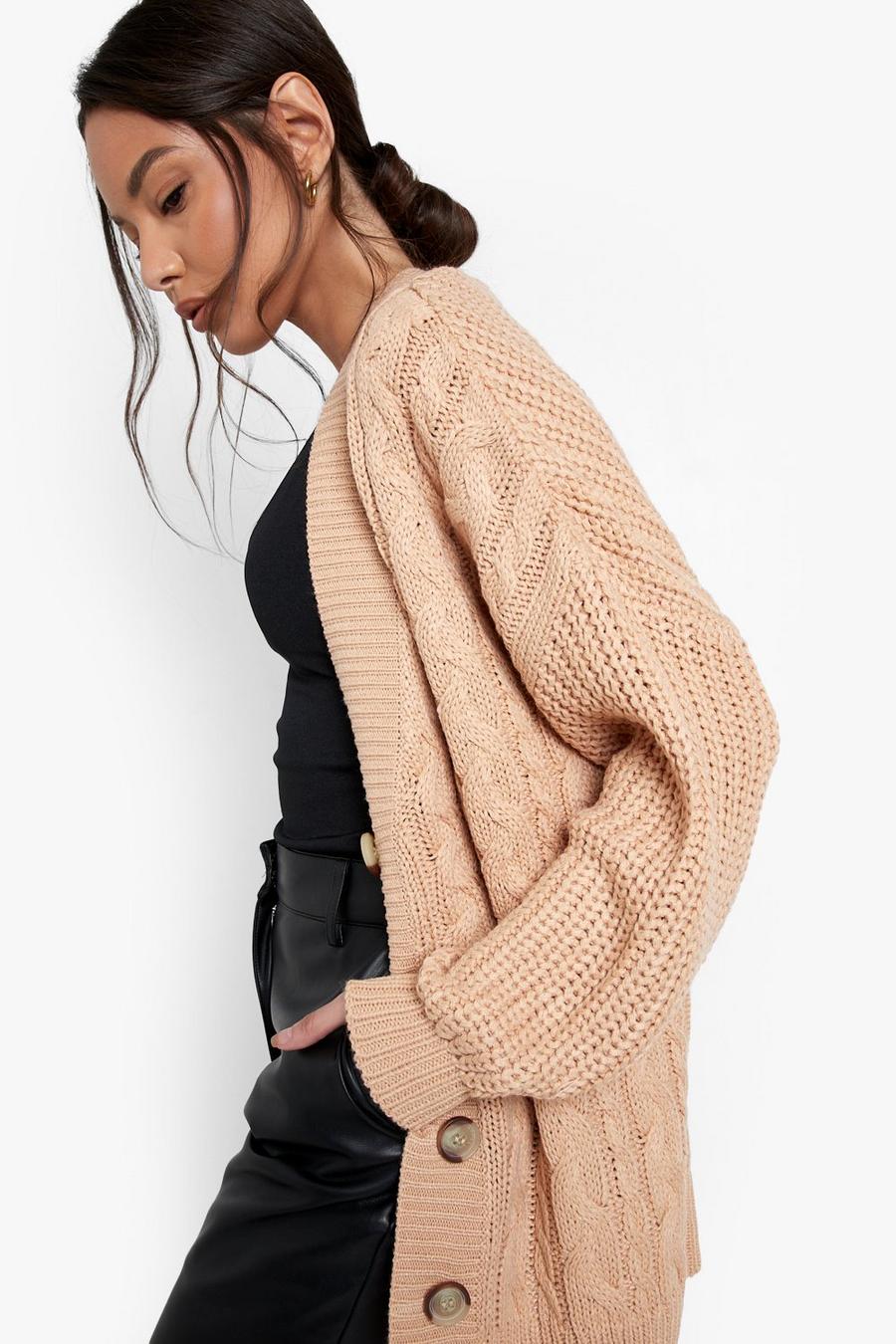 Camel Cable Knit Contrast Sleeve Cardigan image number 1