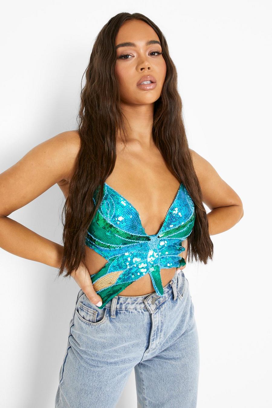 Blue Sequin Butterfly Bralet image number 1