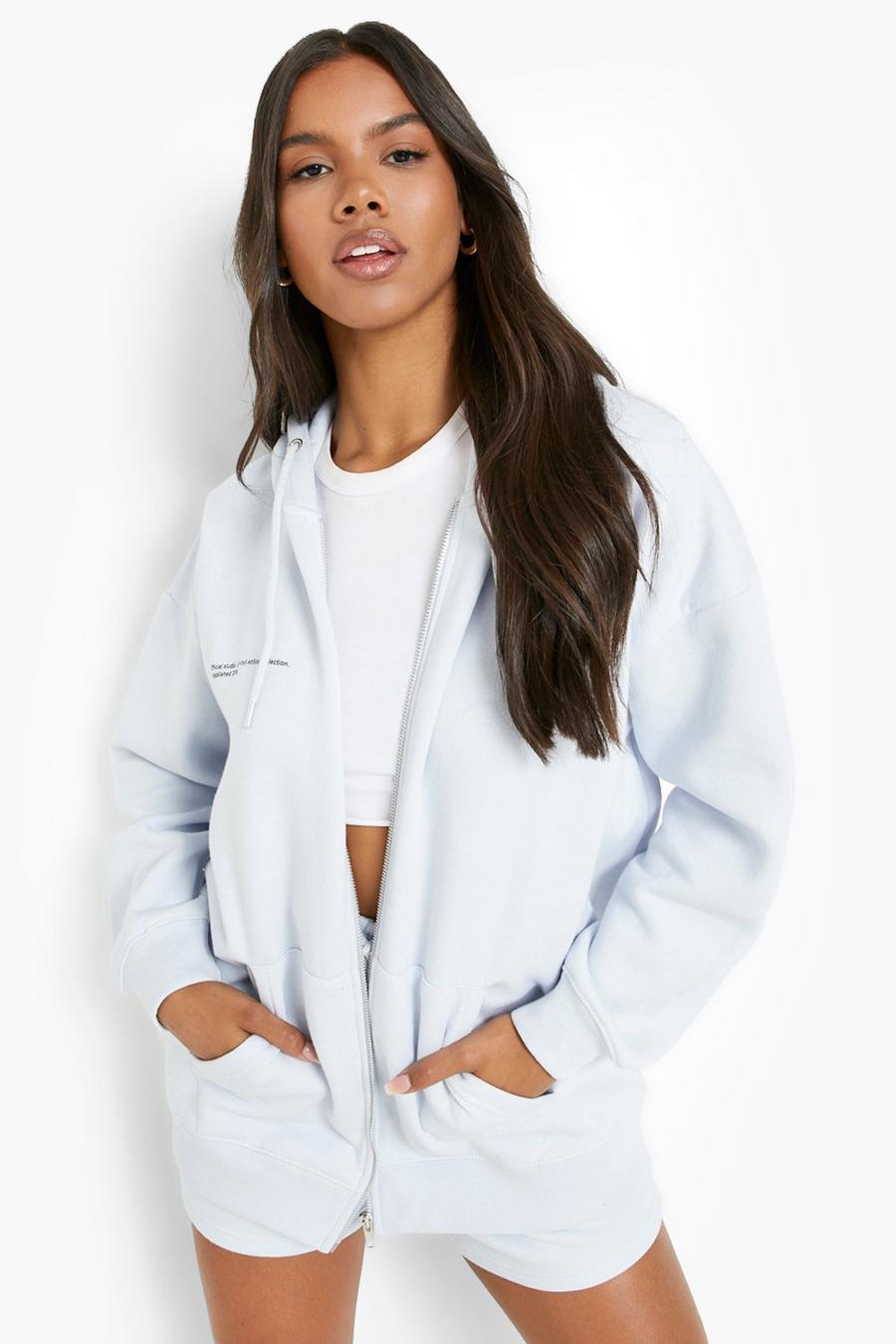 Ice blue Text Zip Hooded Short Tracksuit