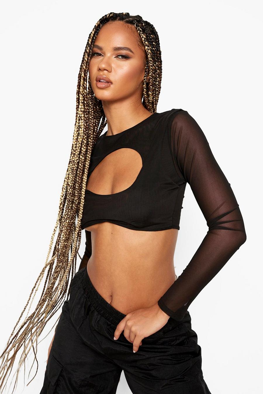 Black Double Layer Long Sleeve Crop Top image number 1