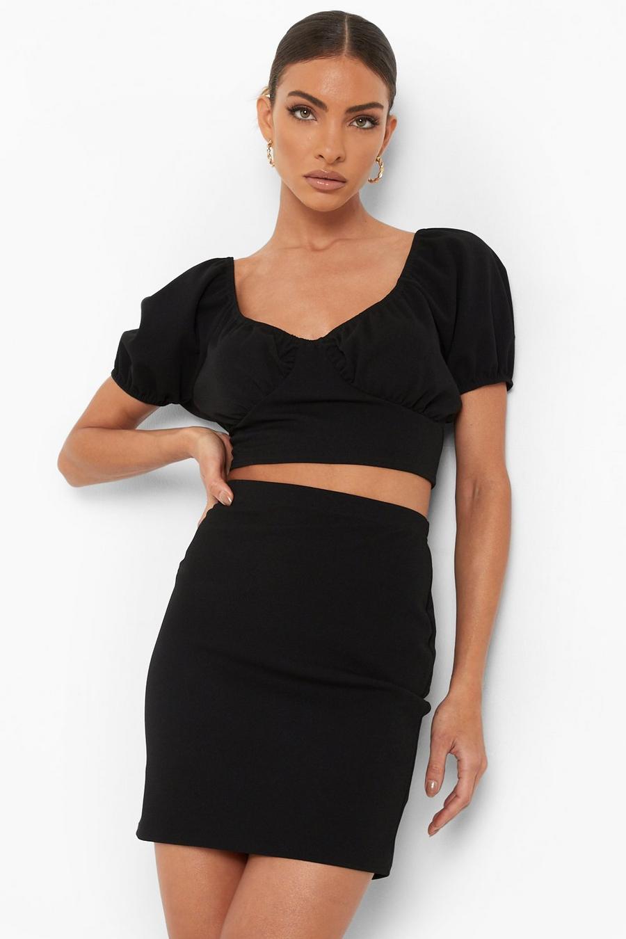 Black Puff Sleeve Crop & Mini Skirt image number 1