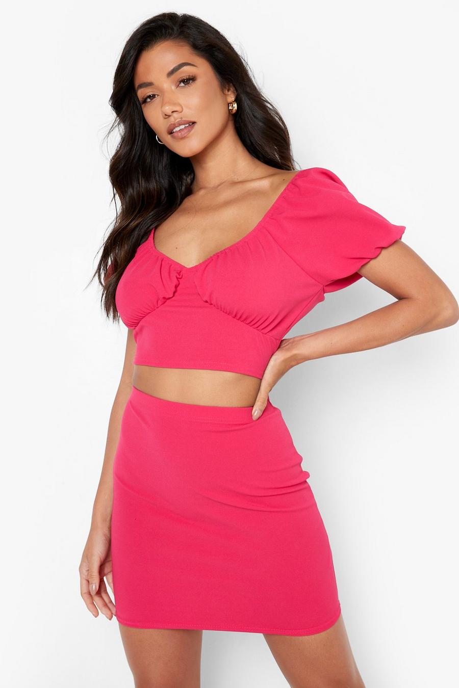 Pink Puff Sleeve Crop & Mini Skirt image number 1