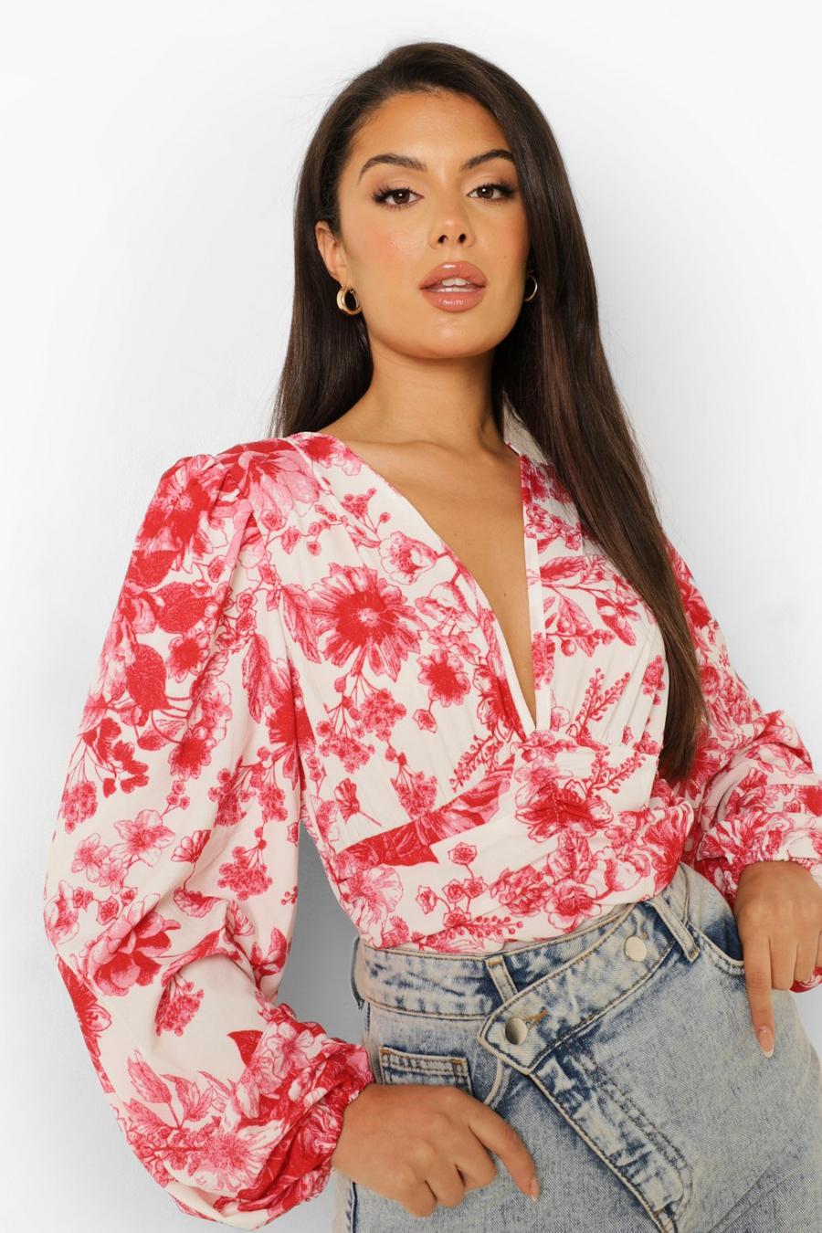 Red rouge Porcelain Print Ruched Waist Bodysuit