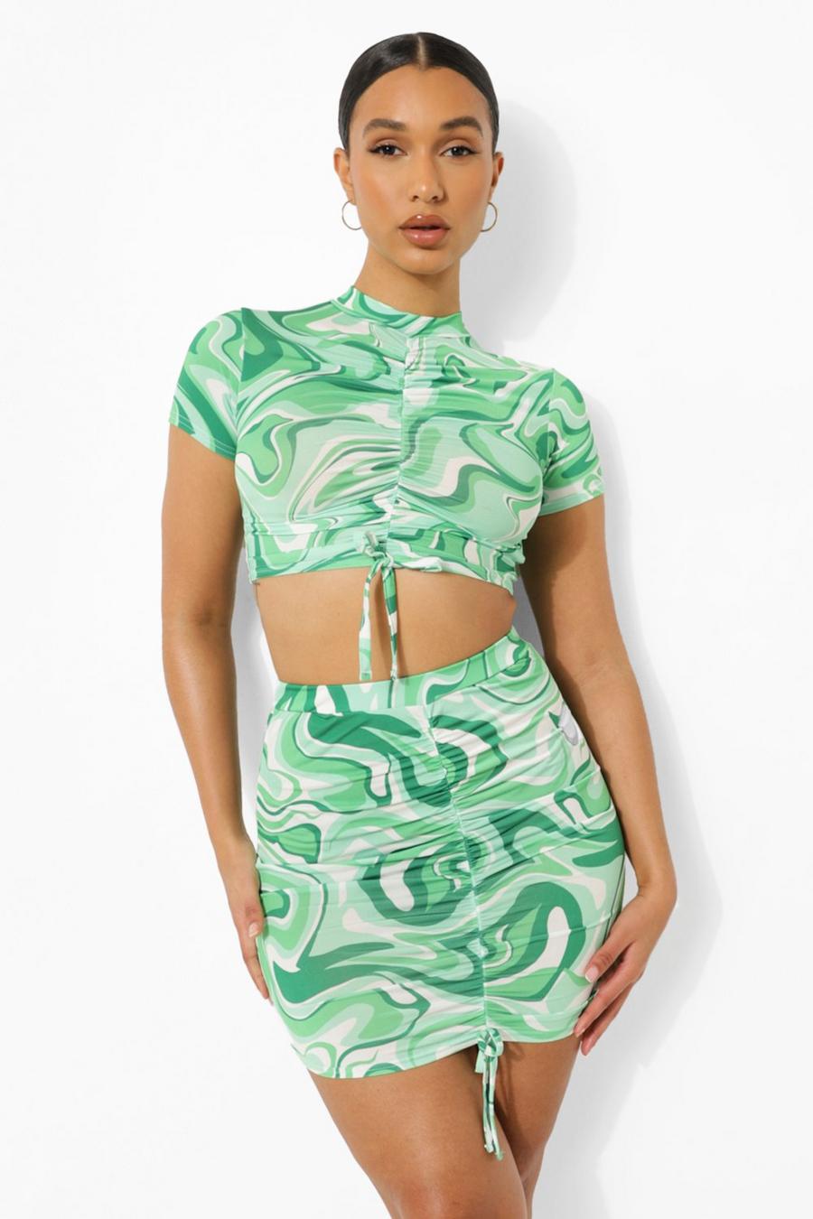 Emerald grün Marble Print Ruched Crop & Mini Skirt image number 1