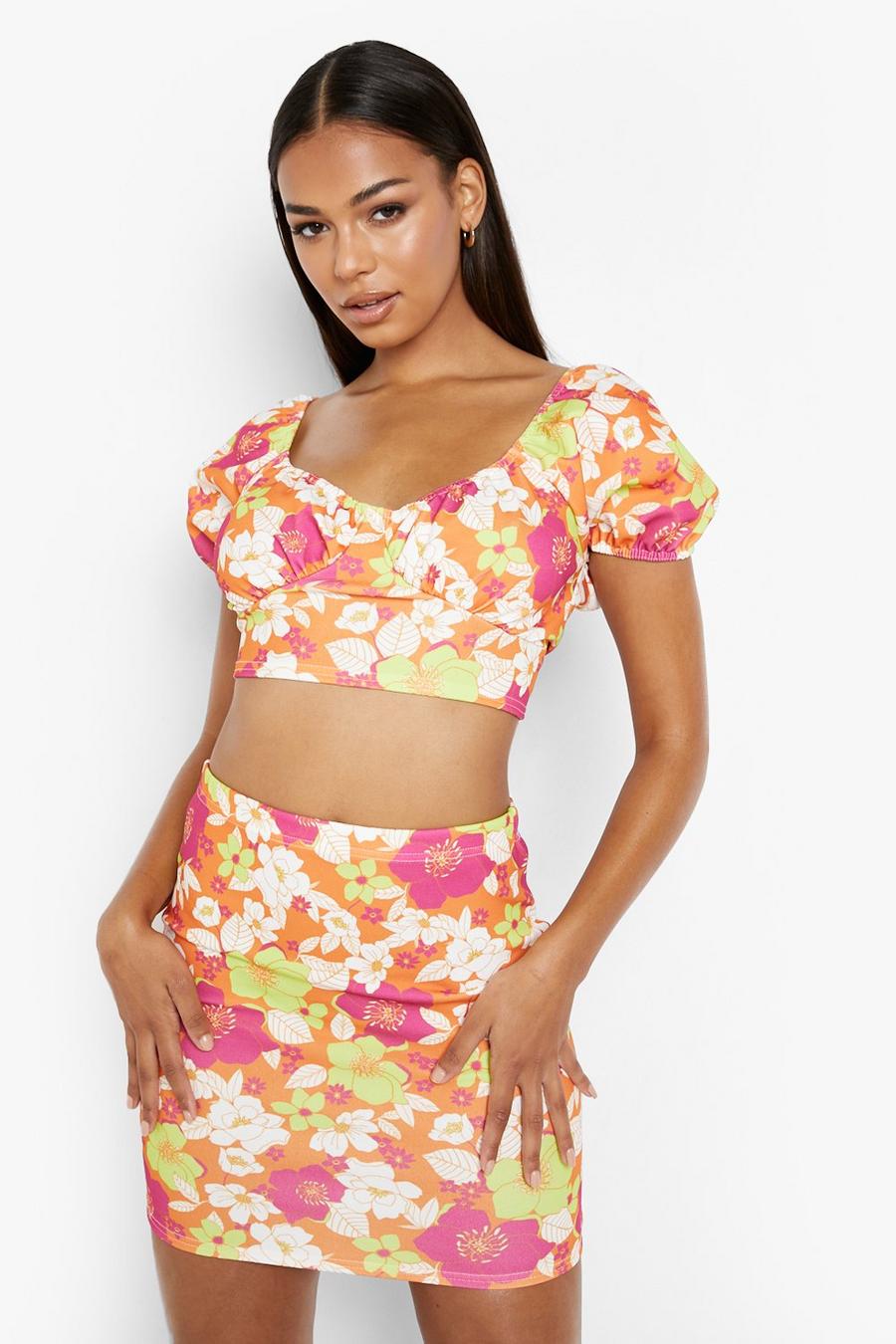 Pink Floral Puff Sleeve Crop & Mini Skirt image number 1