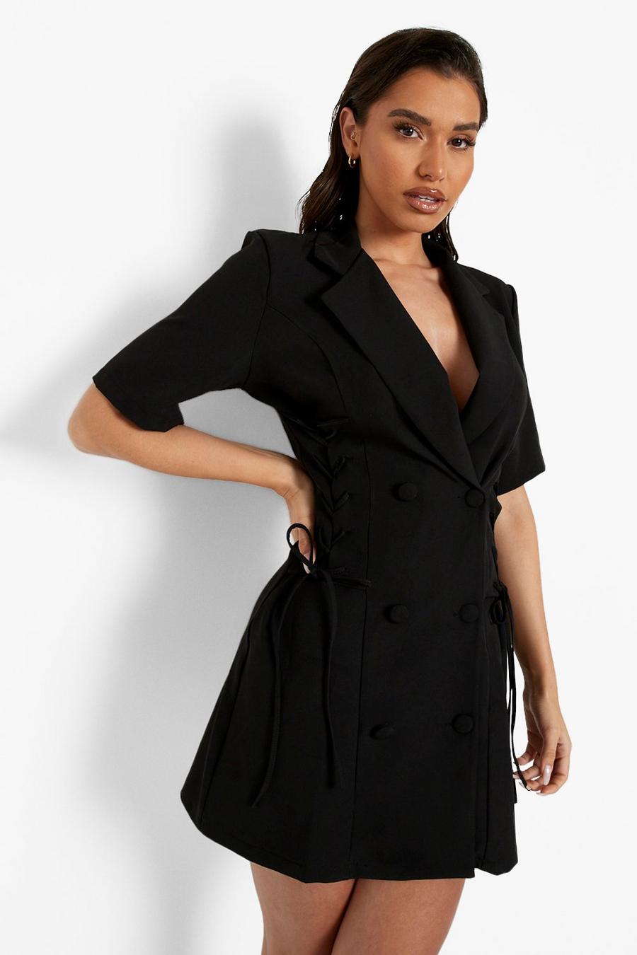 Black Lace Up Fitted Blazer Dress