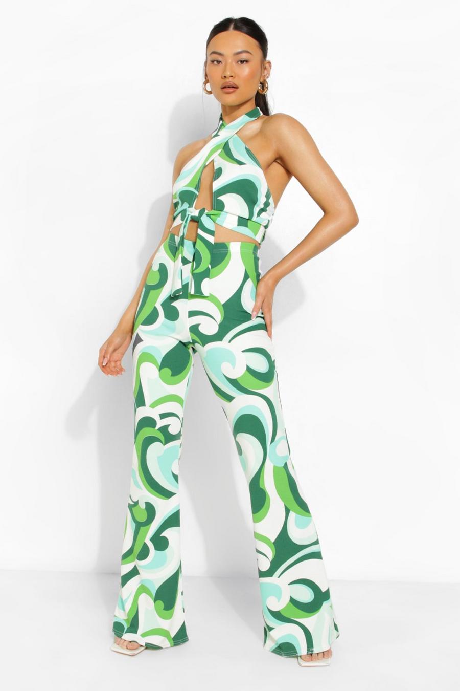 Emerald Abstract Print Wrap Halter & Flares image number 1