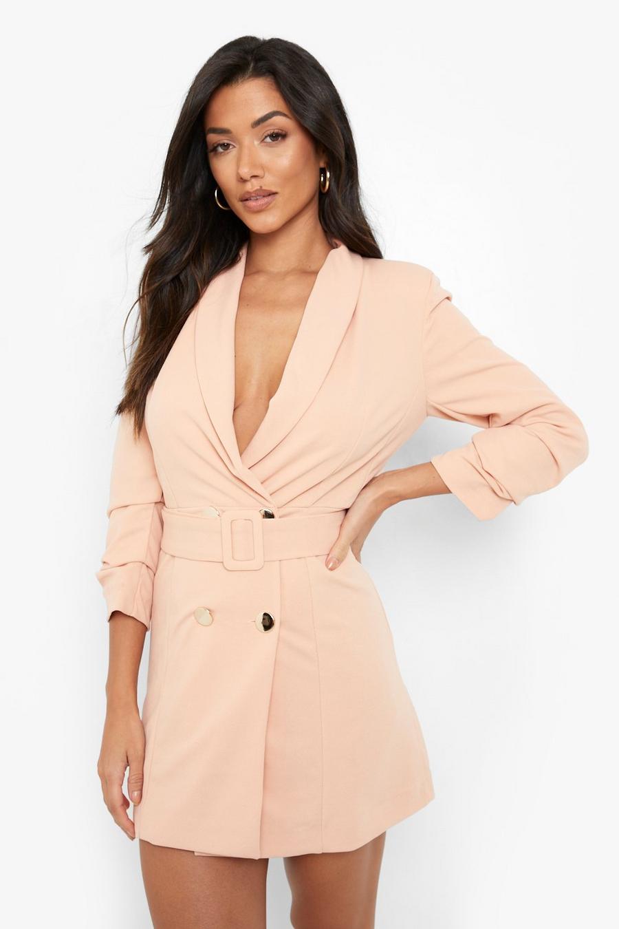 Peach Woven Tailored Belted Blazer Dress image number 1
