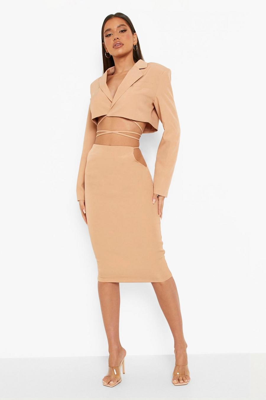 Camel Cut Out Waist Tailored Midi Skirt image number 1