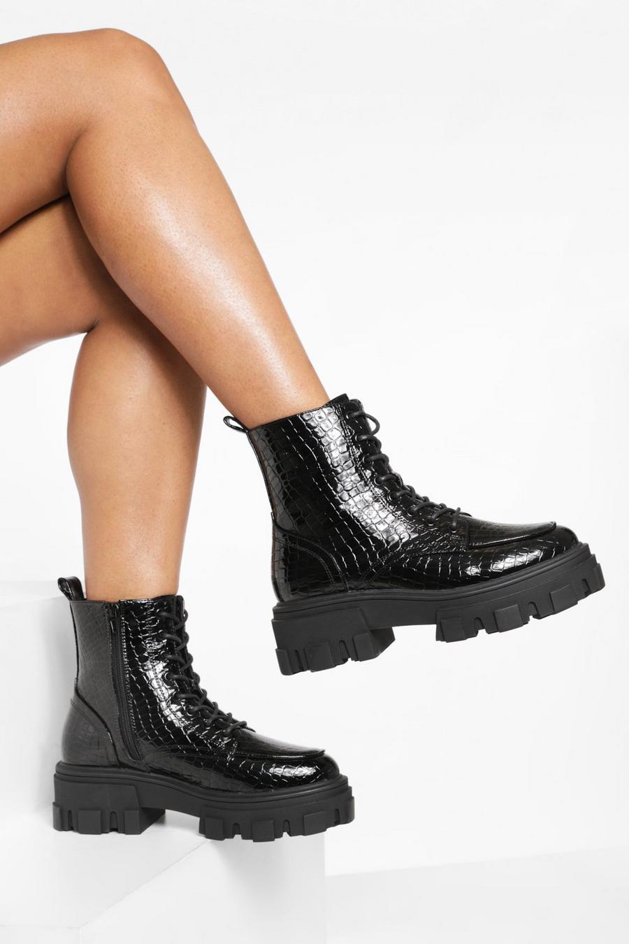 Black Croc Extreme Chunky Sole Combat Boots