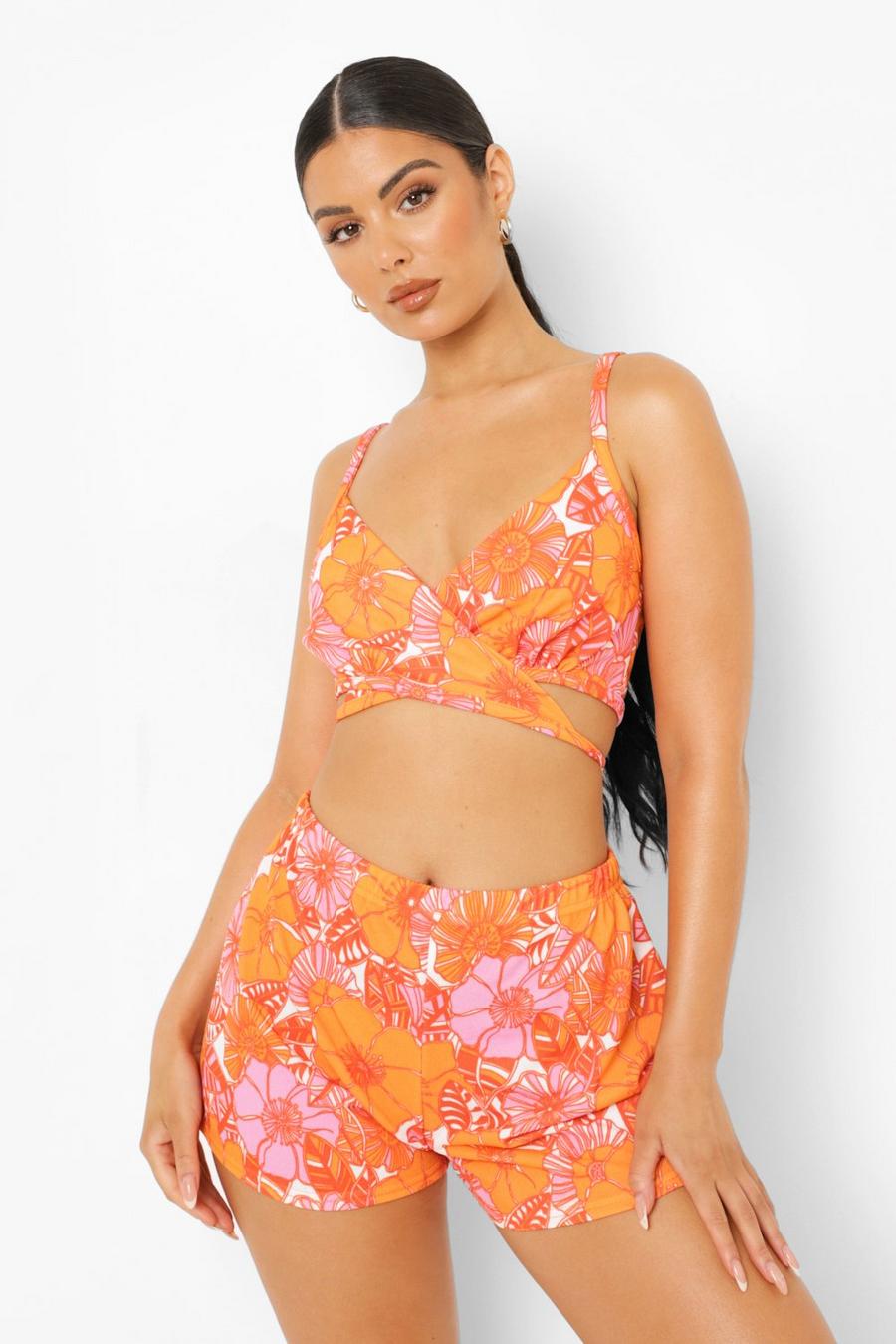 Pink Tropical Print Wrap Bralette & Flippy Shorts image number 1