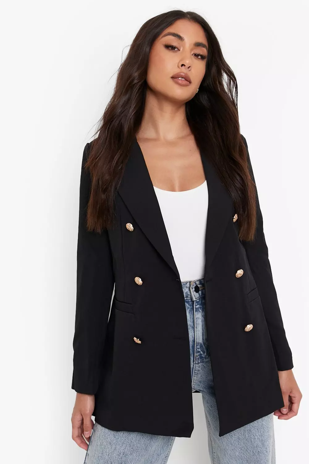 Tailored Gold Button Double Breasted Blazer